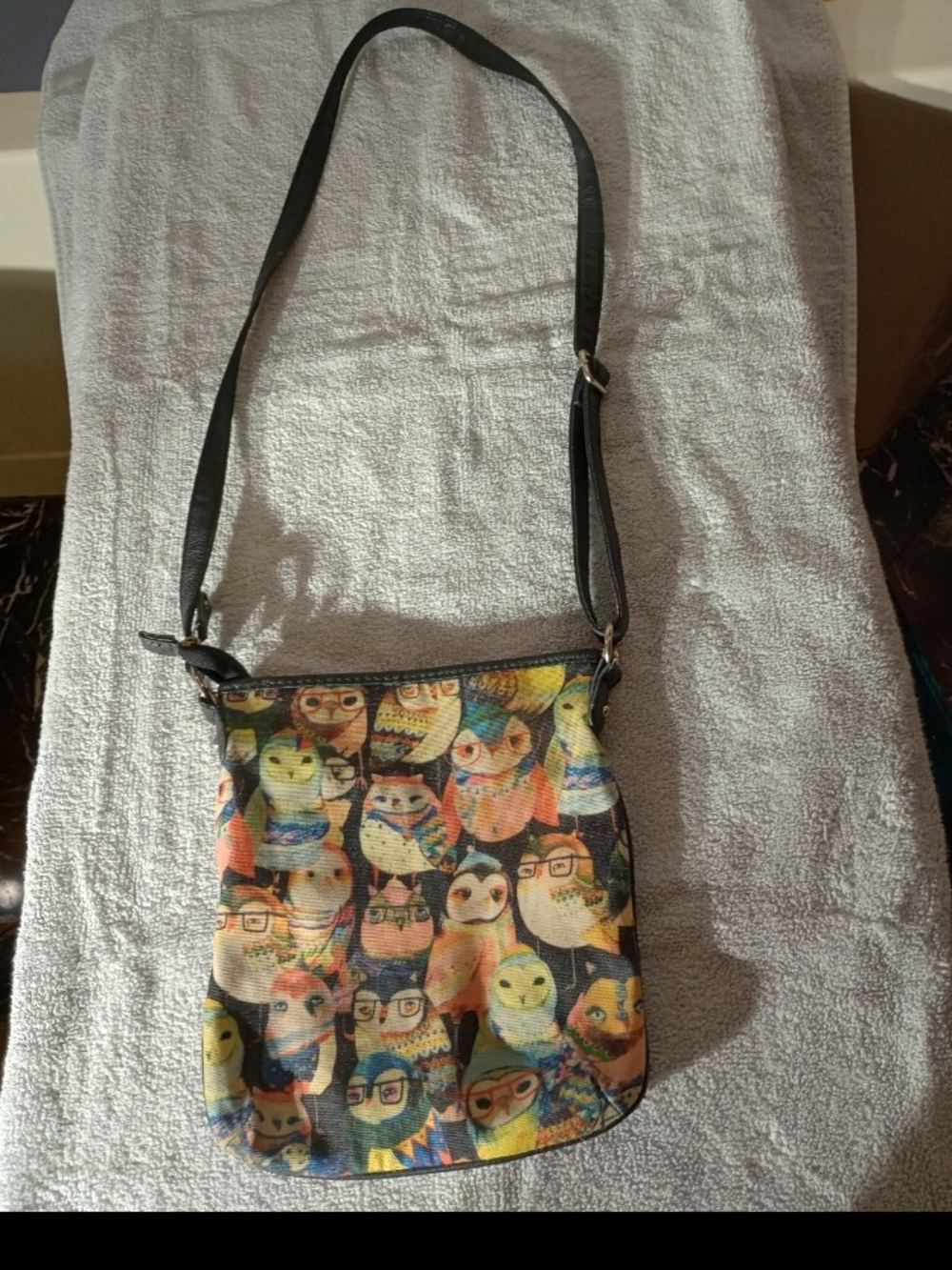 Crossbody Bag with Colorful Owl Print - Black Strap
